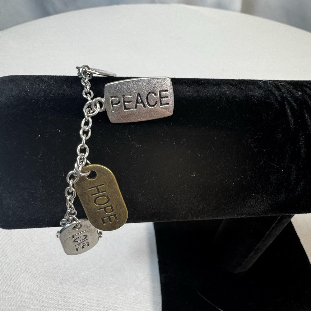Inspirational Mixed Metal Charm Bracelet Peace Faith Love Hope Toggle Clasp 8in